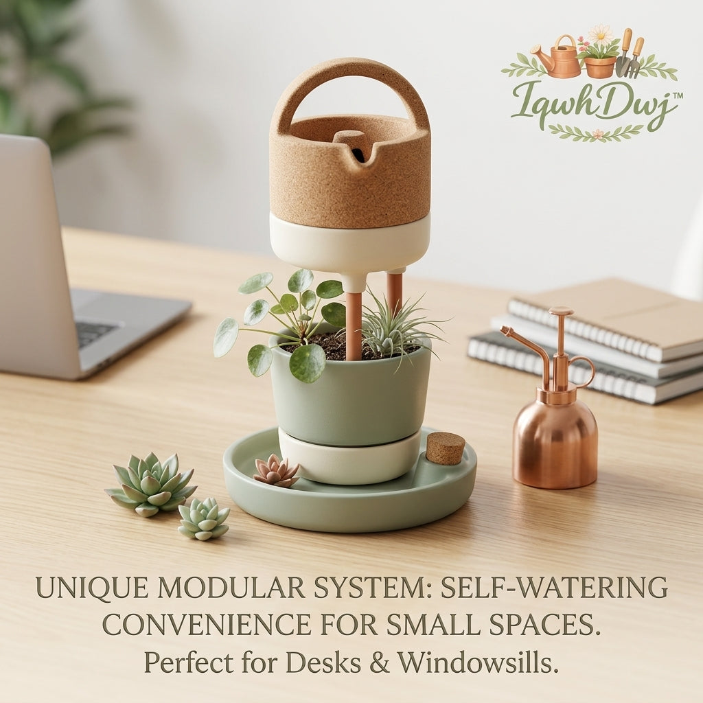 IqwhDwj™ Self-Watering Planter - Modern Modular Indoor Garden System with Gravity-Fed Irrigation & Drainage Tray, Decorative Desktop Lazy Flower Pot for Succulents, Herbs & Houseplants, Perfect Home Office Desk & Windowsill Decor Gift