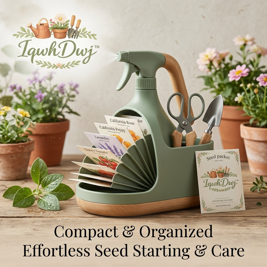 IqwhDwj™ 3-in-1 Indoor Gardening Organizer | Integrated Plant Spray Bottle, Fan-Style Seed Packet Storage Caddy & Hand Tool Holder | Compact Seed Starting & Plant Care Station for Herbs, Flowers & Succulents