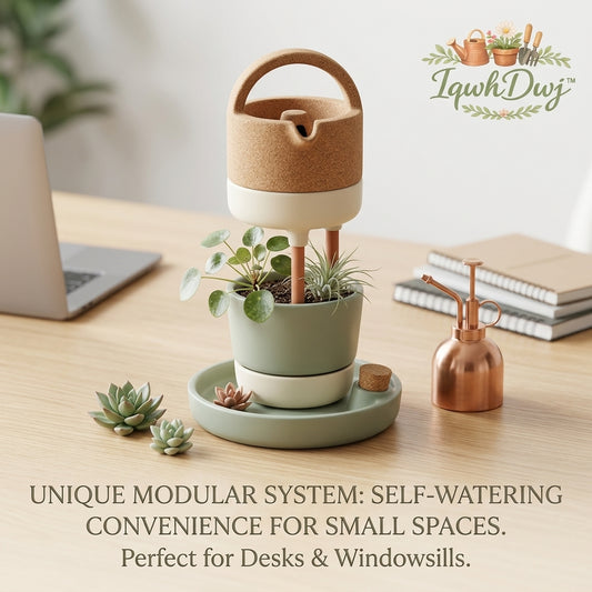 IqwhDwj™ Self-Watering Planter - Modern Modular Indoor Garden System with Gravity-Fed Irrigation & Drainage Tray, Decorative Desktop Lazy Flower Pot for Succulents, Herbs & Houseplants, Perfect Home Office Desk & Windowsill Decor Gift