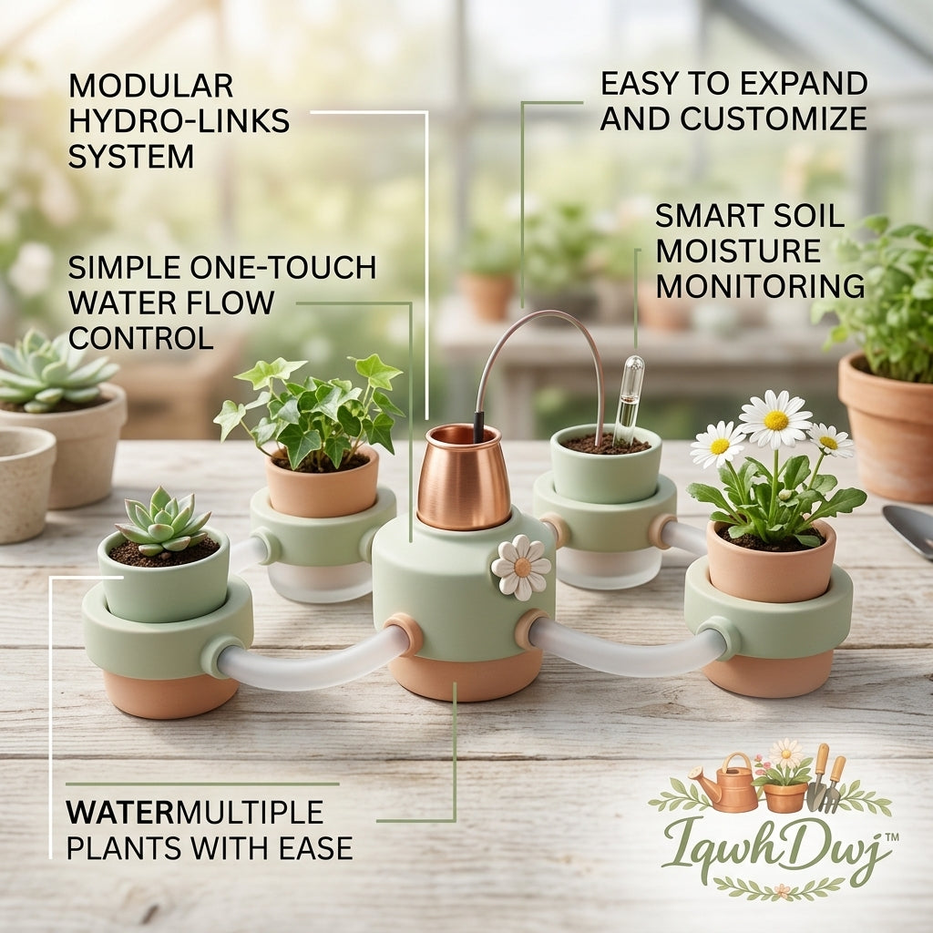 IqwhDwj™ Modular Automatic Watering System for Indoor Plants - Self Watering Planter Kit with Smart Soil Moisture Monitor, Customizable Hydro-Links Drip Irrigation for Succulents, Herbs, and Desktop Decor