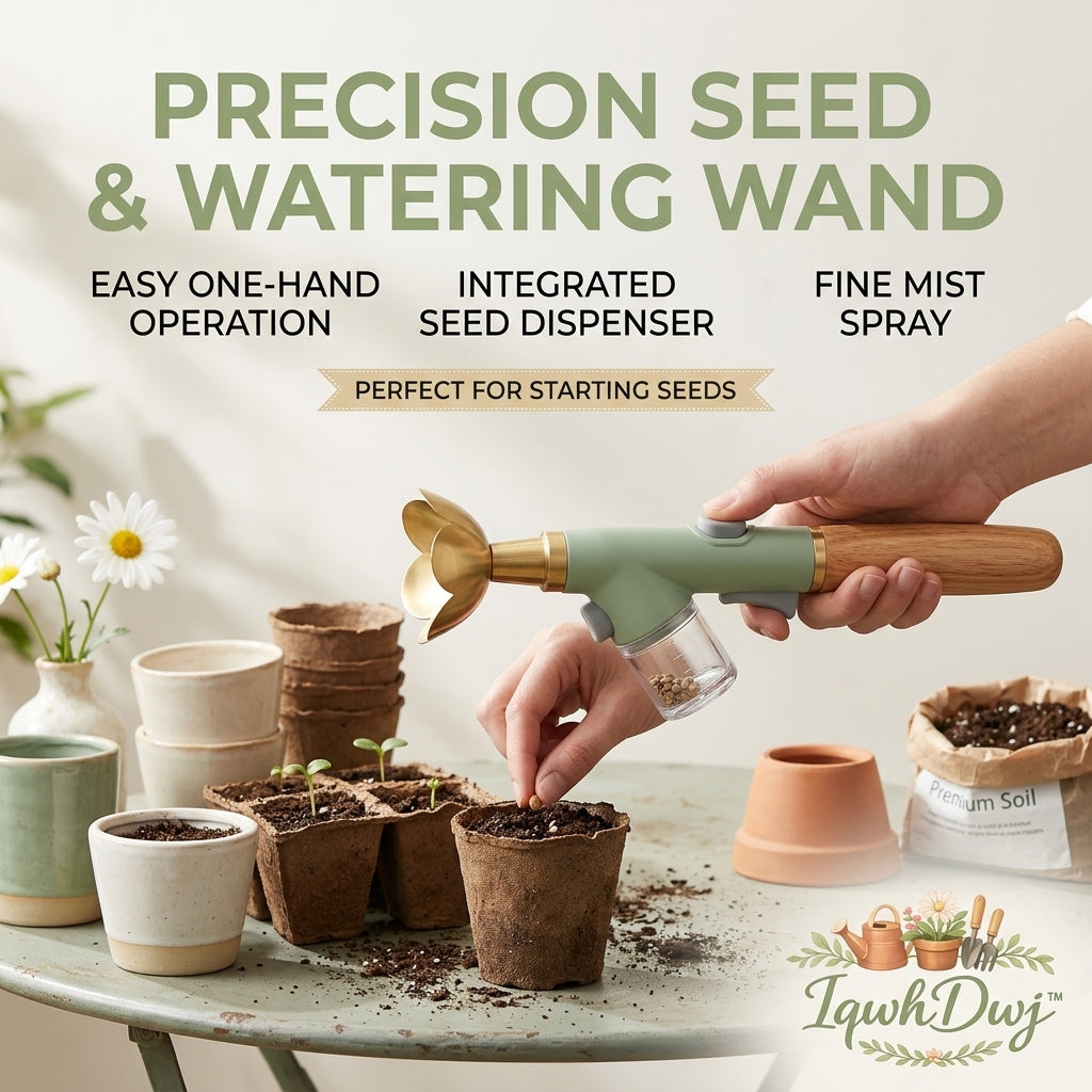 IqwhDwj™ 2-in-1 Precision Seed & Watering Wand | Handheld Seed Dispenser & Fine Mist Sprayer for Seedlings | Ergonomic One-Hand Gardening Tool for Indoor & Outdoor Seed Starting, Succulent Propagation, and Peat Pots