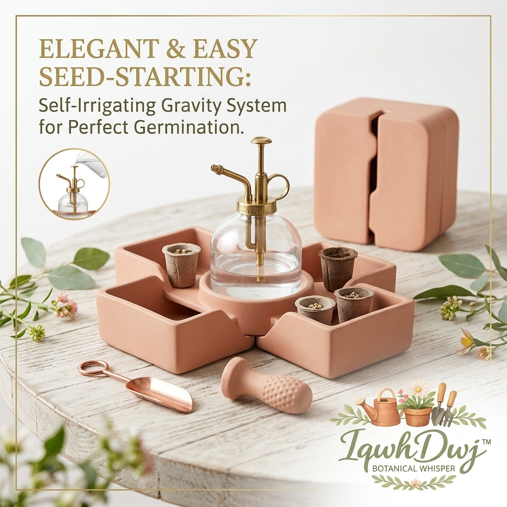 IqwhDwj™ Self-Watering Seed Starter Kit - Elegant Terracotta Modular Gravity Germination System with Vintage Glass & Brass Plant Mister, Soil Scoop, Dibber & Seedling Plugs - Aesthetic Indoor Herb Growing Kit, Garden Gift for Plant Lovers